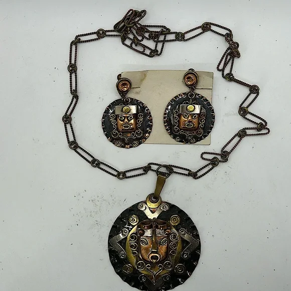 Diaz Santoyo Vintage Aztec Tribal Copper Necklace/Earrings Jewelry Set 🌸🌸 - Picture 1 of 9